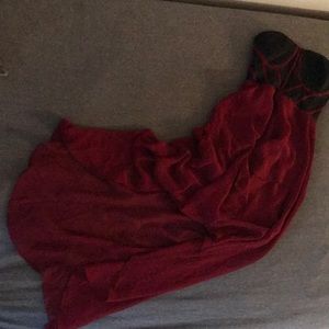 Strapless hi-low Windsor dress in burgundy & black